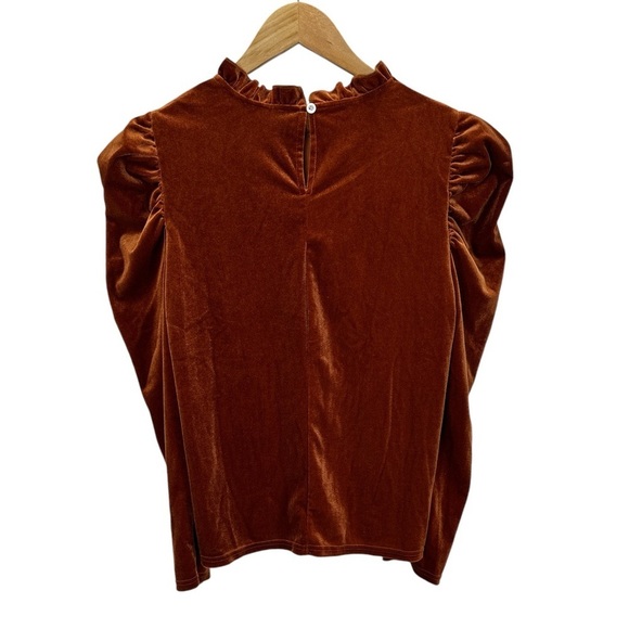 Shein Clasi Frill Trim Puff Sleeve Velvet Blouse Rust Brown Burnt Orange - Picture 5 of 10